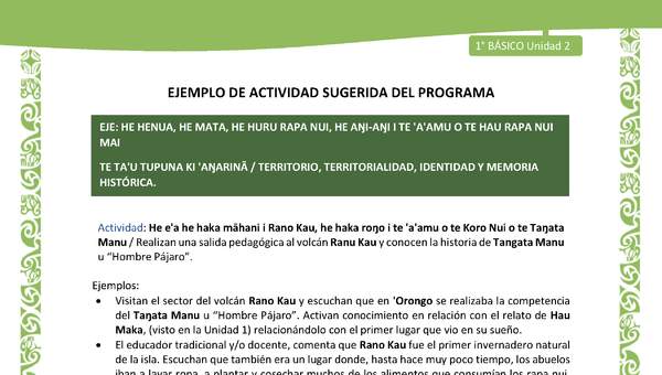 Actividad sugerida LC01 - Rapa Nui - U2 - N°34: Realizan una salida pedagógica al volcán Ranu Kau y conocen la historia de Tangata Manu u “Hombre Pájaro”. Actividad sugerida LC01 - Rapa Nui - U2 - N°34: Realizan una salida pedagógica al volcán Ranu Kau y conocen la historia de Tangata Manu u “Hombre Pájaro”.