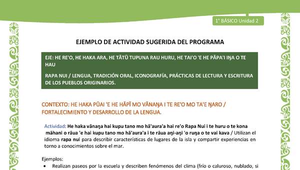 Actividad sugerida LC01 - Rapa Nui - U2 - N°28: Utilizan el idioma rapa nui para describir características de lugares de la isla y compartir experiencias en torno a conocimientos sobre el mar. Actividad sugerida LC01 - Rapa Nui - U2 - N°28: Utilizan el idioma rapa nui para describir características de lugares de la isla y compartir experiencias en torno a conocimientos sobre el mar.
