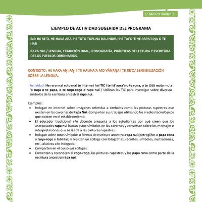 Actividad sugerida LC01 - Rapa Nui - U2 - N°20: Utilizan las TIC para investigar sobre diversos símbolos de la escritura ancestral rapa nui. Actividad sugerida LC01 - Rapa Nui - U2 - N°20: Utilizan las TIC para investigar sobre diversos símbolos de la escritura ancestral rapa nui.