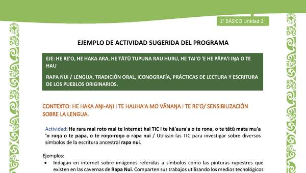 Actividad sugerida LC01 - Rapa Nui - U2 - N°20: Utilizan las TIC para investigar sobre diversos símbolos de la escritura ancestral rapa nui. Actividad sugerida LC01 - Rapa Nui - U2 - N°20: Utilizan las TIC para investigar sobre diversos símbolos de la escritura ancestral rapa nui.