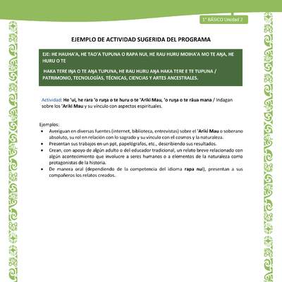 Actividad sugerida LC01 - Rapa Nui - U2 - N°40: Indagan sobre los 'Ariki Mau y su vínculo con aspectos espirituales. Actividad sugerida LC01 - Rapa Nui - U2 - N°40: Indagan sobre los 'Ariki Mau y su vínculo con aspectos espirituales.