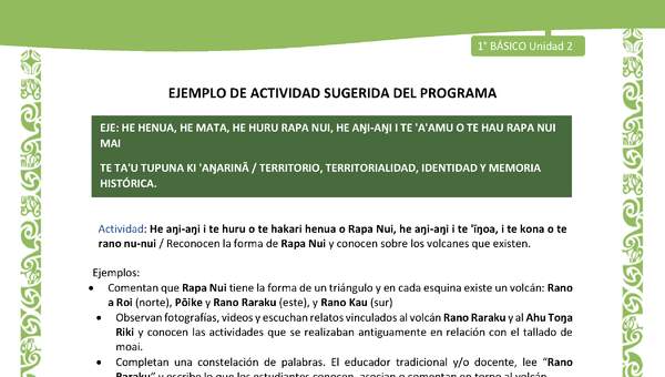 Actividad sugerida LC01 - Rapa Nui - U2 - N°33: Reconocen la forma de Rapa Nui y conocen sobre los volcanes que existen. Actividad sugerida LC01 - Rapa Nui - U2 - N°33: Reconocen la forma de Rapa Nui y conocen sobre los volcanes que existen.