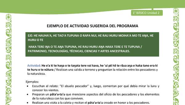 Actividad sugerida LC01 - Rapa Nui - U2 - N°39: Realizan una salida a terreno y preguntan la relación entre los pescadores y la naturaleza. Actividad sugerida LC01 - Rapa Nui - U2 - N°39: Realizan una salida a terreno y preguntan la relación entre los pescadores y la naturaleza.