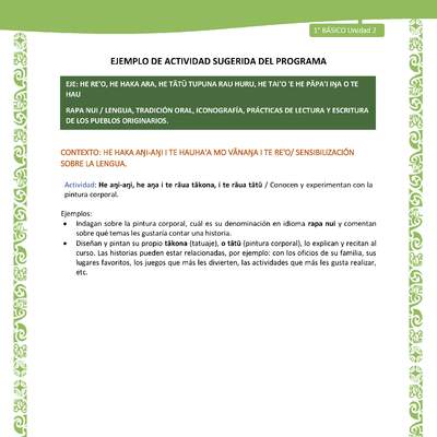 Actividad sugerida LC01 - Rapa Nui - U2 - N°21: Conocen y experimentan con la pintura corporal. Actividad sugerida LC01 - Rapa Nui - U2 - N°21: Conocen y experimentan con la pintura corporal.