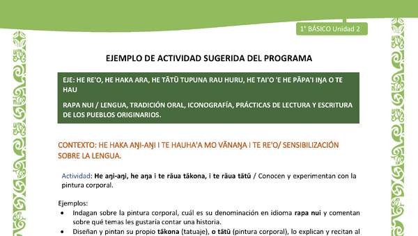 Actividad sugerida LC01 - Rapa Nui - U2 - N°21: Conocen y experimentan con la pintura corporal. Actividad sugerida LC01 - Rapa Nui - U2 - N°21: Conocen y experimentan con la pintura corporal.