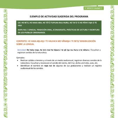 Actividad sugerida LC01 - Rapa Nui - U2 - N°19:  Escuchan y registran sonidos de la naturaleza. Actividad sugerida LC01 - Rapa Nui - U2 - N°19:  Escuchan y registran sonidos de la naturaleza.