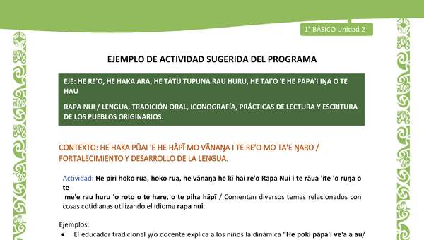 Actividad sugerida LC01 - Rapa Nui - U2 - N°29: Comentan diversos temas relacionados con cosas cotidianas utilizando el idioma rapa nui. Actividad sugerida LC01 - Rapa Nui - U2 - N°29: Comentan diversos temas relacionados con cosas cotidianas utilizando el idioma rapa nui.