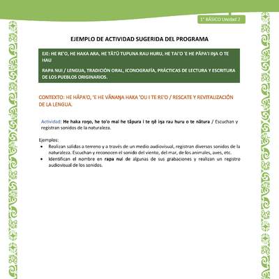 Actividad sugerida LC01 - Rapa Nui - U2 - N°25: Escuchan y registran sonidos de la naturaleza. Actividad sugerida LC01 - Rapa Nui - U2 - N°25: Escuchan y registran sonidos de la naturaleza.