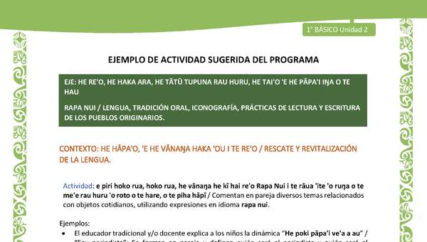 Actividad sugerida LC01 - Rapa Nui - U2 - N°24: Comentan en pareja diversos temas relacionados con objetos cotidianos, utilizando expresiones en idioma rapa nui. Actividad sugerida LC01 - Rapa Nui - U2 - N°24: Comentan en pareja diversos temas relacionados con objetos cotidianos, utilizando expresiones en idioma rapa nui.
