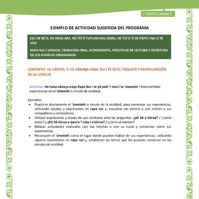 Actividad sugerida LC01 - Rapa Nui - U2 - N°22: Intercambian experiencias en el 'omotohi o círculo de oralidad. Actividad sugerida LC01 - Rapa Nui - U2 - N°22: Intercambian experiencias en el 'omotohi o círculo de oralidad.