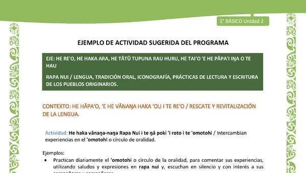 Actividad sugerida LC01 - Rapa Nui - U2 - N°22: Intercambian experiencias en el 'omotohi o círculo de oralidad. Actividad sugerida LC01 - Rapa Nui - U2 - N°22: Intercambian experiencias en el 'omotohi o círculo de oralidad.