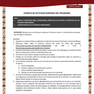 Actividad sugerida: LC02 - Diaguita - U4 - N°1: REALIZAN UNA CAMINATA PARA OBSERVAR EL ENTORNO NATURAL Y DESCUBREN LOS MENSAJES QUE ENTREGA LA NATURALEZA. Actividad sugerida: LC02 - Diaguita - U4 - N°1: REALIZAN UNA CAMINATA PARA OBSERVAR EL ENTORNO NATURAL Y DESCUBREN LOS MENSAJES QUE ENTREGA LA NATURALEZA.