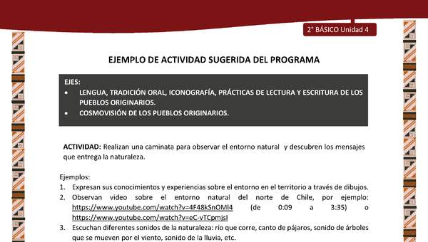 Actividad sugerida: LC02 - Diaguita - U4 - N°1: REALIZAN UNA CAMINATA PARA OBSERVAR EL ENTORNO NATURAL Y DESCUBREN LOS MENSAJES QUE ENTREGA LA NATURALEZA. Actividad sugerida: LC02 - Diaguita - U4 - N°1: REALIZAN UNA CAMINATA PARA OBSERVAR EL ENTORNO NATURAL Y DESCUBREN LOS MENSAJES QUE ENTREGA LA NATURALEZA.