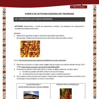 Actividad sugerida: LC02 - Diaguita - U2 - N°3: REPRESENTAN, A TRAVÉS DE EXPRESIONES ARTÍSTICAS, LOS PRINCIPIOS DE RECIPROCIDAD Y COMPLEMENTARIEDAD, ENTRE OTROS. Actividad sugerida: LC02 - Diaguita - U2 - N°3: REPRESENTAN, A TRAVÉS DE EXPRESIONES ARTÍSTICAS, LOS PRINCIPIOS DE RECIPROCIDAD Y COMPLEMENTARIEDAD, ENTRE OTROS.