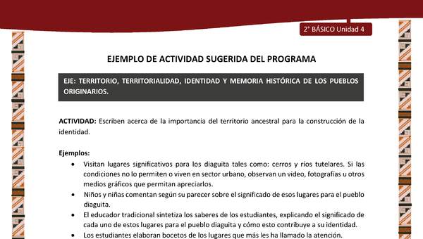 Actividad sugerida: LC02 - Diaguita - U4 - N°4:  ESCRIBEN ACERCA DE LA IMPORTANCIA DEL TERRITORIO ANCESTRAL PARA LA CONSTRUCCIÓN DE LA IDENTIDAD. Actividad sugerida: LC02 - Diaguita - U4 - N°4:  ESCRIBEN ACERCA DE LA IMPORTANCIA DEL TERRITORIO ANCESTRAL PARA LA CONSTRUCCIÓN DE LA IDENTIDAD.