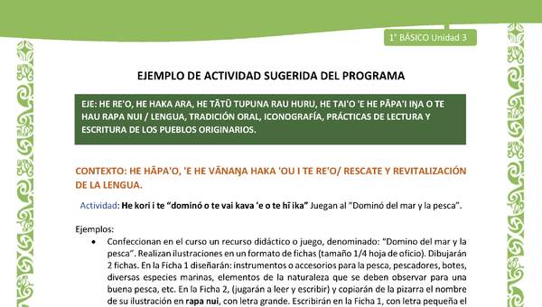Actividad sugerida LC01 - Rapa Nui - U3 - N°47: Juegan al “Dominó del mar y la pesca”. Actividad sugerida LC01 - Rapa Nui - U3 - N°47: Juegan al “Dominó del mar y la pesca”.