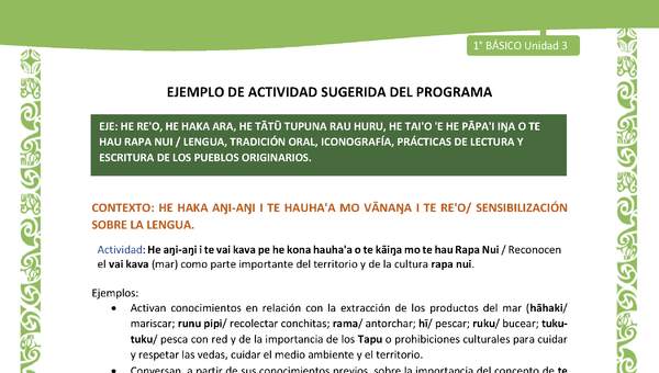 Actividad sugerida LC01 - Rapa Nui - U3 - N°43: Reconocen el vai kava (mar) como parte importante del territorio y de la cultura rapa nui. Actividad sugerida LC01 - Rapa Nui - U3 - N°43: Reconocen el vai kava (mar) como parte importante del territorio y de la cultura rapa nui.