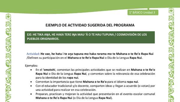 Actividad sugerida LC01 - Rapa Nui - U3 - N°58: Definen su participación en el Mahana o te Re'o Rapa Nui o Día de la Lengua Rapa Nui. Actividad sugerida LC01 - Rapa Nui - U3 - N°58: Definen su participación en el Mahana o te Re'o Rapa Nui o Día de la Lengua Rapa Nui.