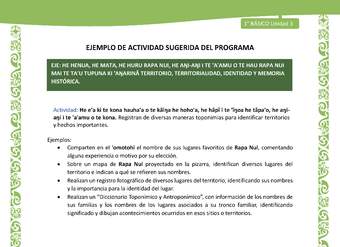 Actividad sugerida LC01 - Rapa Nui - U3 - N°56: Registran de diversas maneras toponimias para identificar territorios y hechos importantes. Actividad sugerida LC01 - Rapa Nui - U3 - N°56: Registran de diversas maneras toponimias para identificar territorios y hechos importantes.