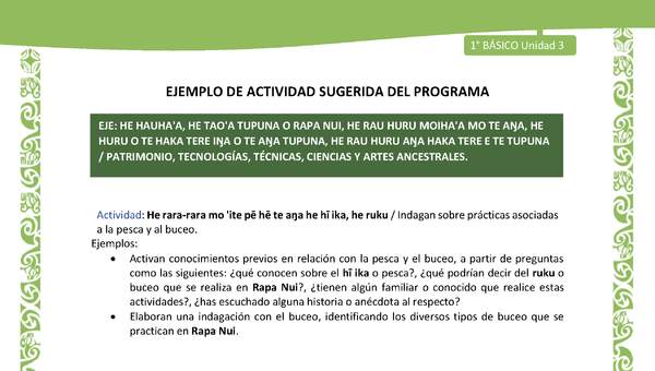 Actividad sugerida LC01 - Rapa Nui - U3 - N°62: Indagan sobre prácticas asociadas a la pesca y al buceo. Actividad sugerida LC01 - Rapa Nui - U3 - N°62: Indagan sobre prácticas asociadas a la pesca y al buceo.