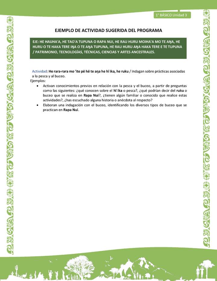 Actividad sugerida LC01 - Rapa Nui - U3 - N°62: Indagan sobre prácticas asociadas a la pesca y al buceo. Actividad sugerida LC01 - Rapa Nui - U3 - N°62: Indagan sobre prácticas asociadas a la pesca y al buceo.