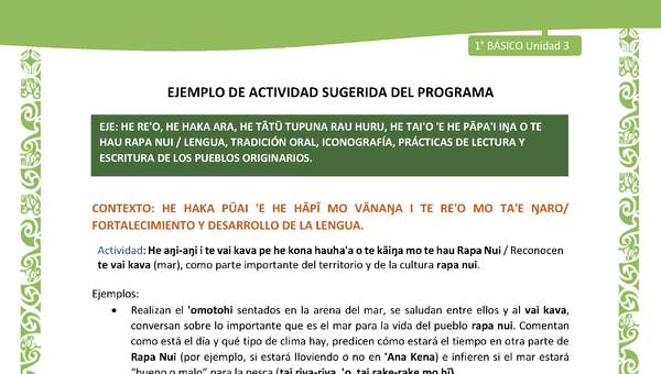 Actividad sugerida LC01 - Rapa Nui - U3 - N°51: Reconocen te vai kava (mar), como parte importante del territorio y de la cultura rapa nui. Actividad sugerida LC01 - Rapa Nui - U3 - N°51: Reconocen te vai kava (mar), como parte importante del territorio y de la cultura rapa nui.