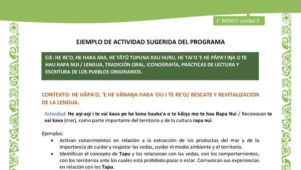 Actividad sugerida LC01 - Rapa Nui - U3 - N°46: Reconocen te vai kava (mar), como parte importante del territorio y de la cultura rapa nui. Actividad sugerida LC01 - Rapa Nui - U3 - N°46: Reconocen te vai kava (mar), como parte importante del territorio y de la cultura rapa nui.