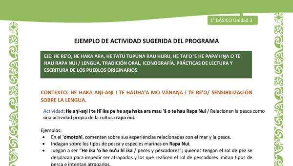 Actividad sugerida LC01 - Rapa Nui - U3 - N°42: Relacionan la pesca como una actividad propia de la cultura rapa nui. Actividad sugerida LC01 - Rapa Nui - U3 - N°42: Relacionan la pesca como una actividad propia de la cultura rapa nui.