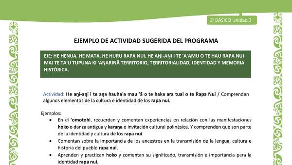Actividad sugerida LC01 - Rapa Nui - U3 - N°55: Comprenden algunos elementos de la cultura e identidad de los rapa nui. Actividad sugerida LC01 - Rapa Nui - U3 - N°55: Comprenden algunos elementos de la cultura e identidad de los rapa nui.