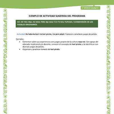 Actividad sugerida LC01 - Rapa Nui - U3 - N°60: Conocen y practican juegos de pelota. Actividad sugerida LC01 - Rapa Nui - U3 - N°60: Conocen y practican juegos de pelota.