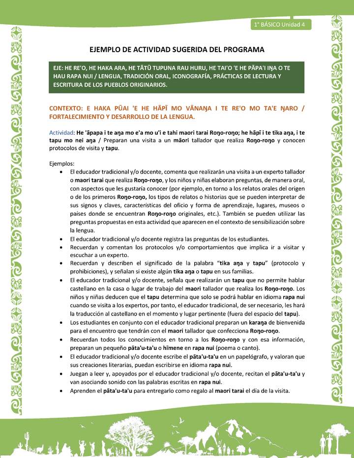 Actividad sugerida LC01 - Rapa Nui - U4 - N°76: Preparan una visita a un māori tallador que realiza Roŋo-roŋo y conocen protocolos de visita y tapu. Actividad sugerida LC01 - Rapa Nui - U4 - N°76: Preparan una visita a un māori tallador que realiza Roŋo-roŋo y conocen protocolos de visita y tapu.