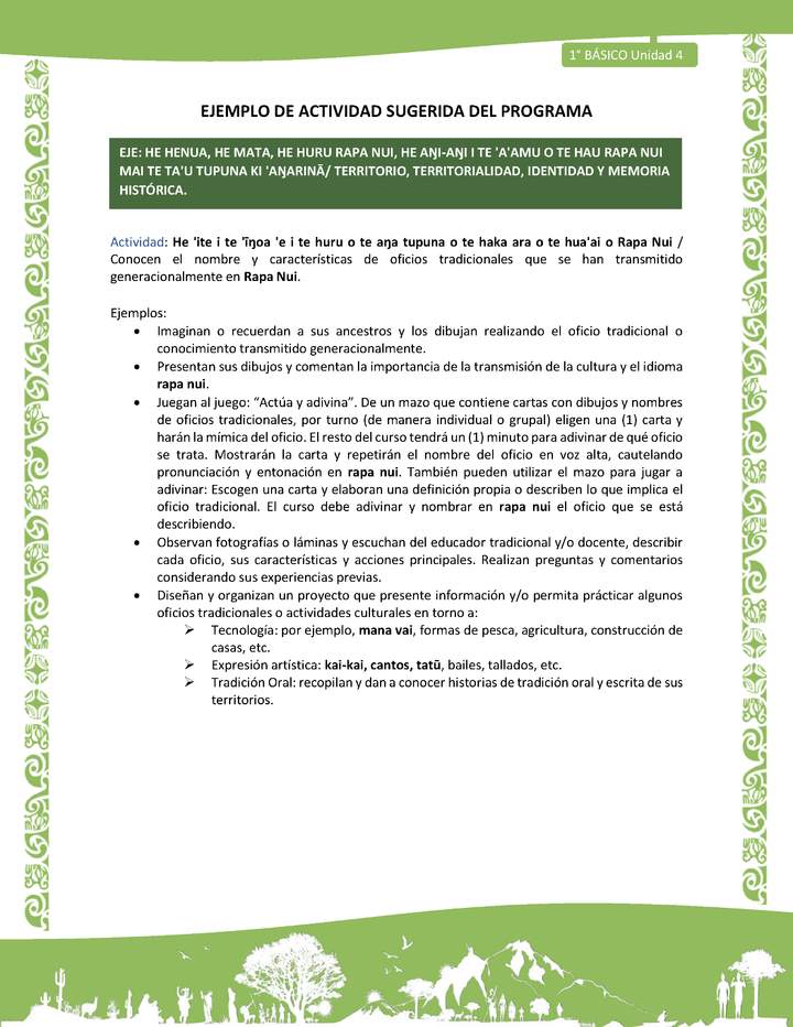 Actividad sugerida LC01 - Rapa Nui - U4 - N°84: Conocen el nombre y características de oficios tradicionales que se han transmitido generacionalmente en Rapa Nui. Actividad sugerida LC01 - Rapa Nui - U4 - N°84: Conocen el nombre y características de oficios tradicionales que se han transmitido generacionalmente en Rapa Nui.