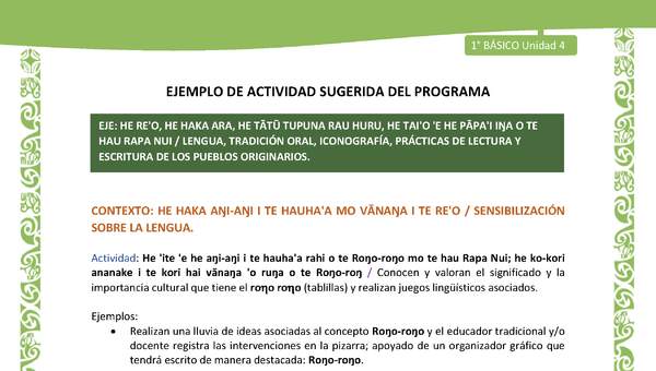 Actividad sugerida LC01 - Rapa Nui - U4 - N°66: Conocen y valoran el significado y la importancia cultural que tiene el roo roo (tablillas) y realizan juegos lingüísticos asociados. Actividad sugerida LC01 - Rapa Nui - U4 - N°66: Conocen y valoran el significado y la importancia cultural que tiene el roo roo (tablillas) y realizan juegos lingüísticos asociados.