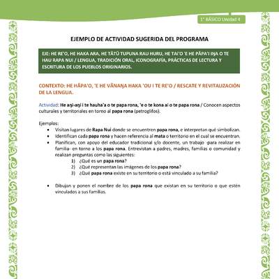 Actividad sugerida LC01 - Rapa Nui - U4 - N°72: Conocen aspectos culturales y territoriales en torno al papa rona (petroglifos). Actividad sugerida LC01 - Rapa Nui - U4 - N°72: Conocen aspectos culturales y territoriales en torno al papa rona (petroglifos).