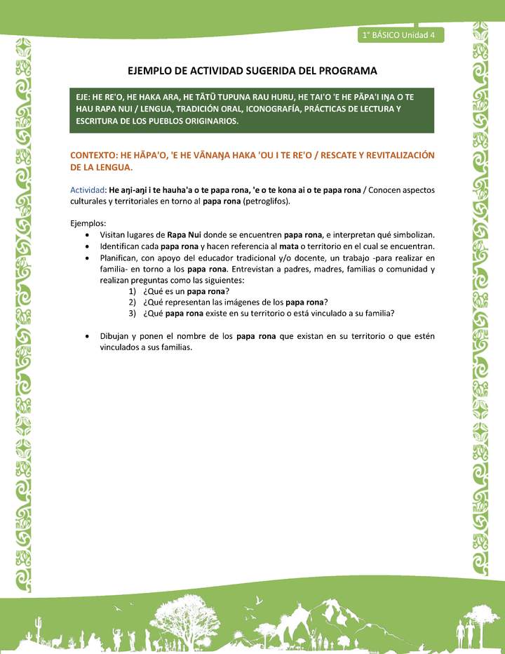 Actividad sugerida LC01 - Rapa Nui - U4 - N°72: Conocen aspectos culturales y territoriales en torno al papa rona (petroglifos). Actividad sugerida LC01 - Rapa Nui - U4 - N°72: Conocen aspectos culturales y territoriales en torno al papa rona (petroglifos).