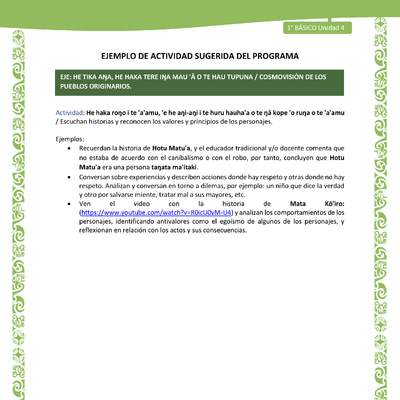 Actividad sugerida LC01 - Rapa Nui - U4 - N°86: Escuchan historias y reconocen los valores y principios de los personajes. Actividad sugerida LC01 - Rapa Nui - U4 - N°86: Escuchan historias y reconocen los valores y principios de los personajes.