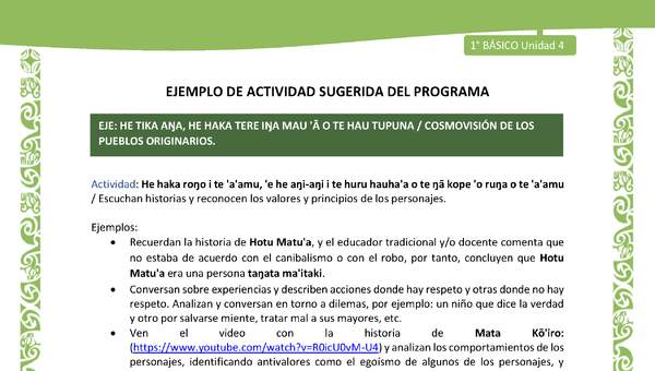 Actividad sugerida LC01 - Rapa Nui - U4 - N°86: Escuchan historias y reconocen los valores y principios de los personajes. Actividad sugerida LC01 - Rapa Nui - U4 - N°86: Escuchan historias y reconocen los valores y principios de los personajes.
