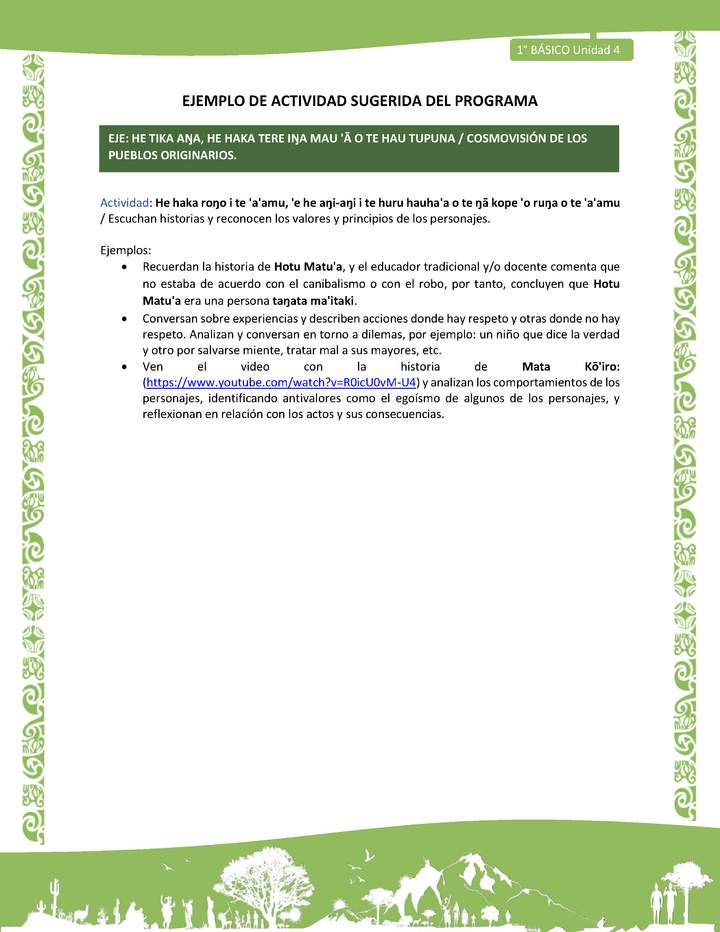 Actividad sugerida LC01 - Rapa Nui - U4 - N°86: Escuchan historias y reconocen los valores y principios de los personajes. Actividad sugerida LC01 - Rapa Nui - U4 - N°86: Escuchan historias y reconocen los valores y principios de los personajes.
