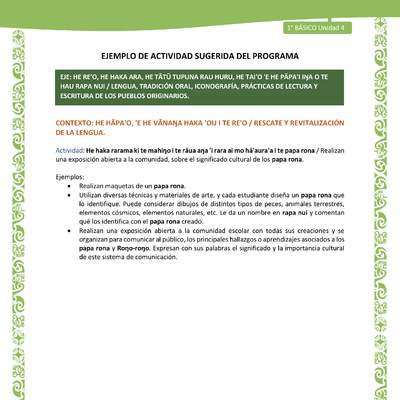 Actividad sugerida LC01 - Rapa Nui - U4 - N°74: Realizan una exposición abierta a la comunidad, sobre el significado cultural de los papa rona. Actividad sugerida LC01 - Rapa Nui - U4 - N°74: Realizan una exposición abierta a la comunidad, sobre el significado cultural de los papa rona.