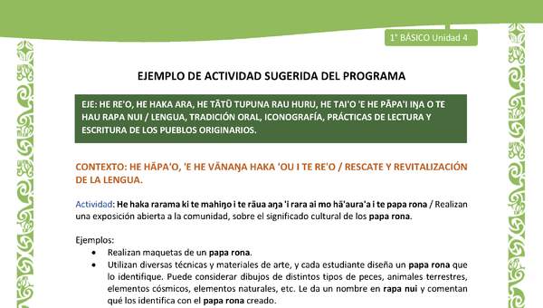 Actividad sugerida LC01 - Rapa Nui - U4 - N°74: Realizan una exposición abierta a la comunidad, sobre el significado cultural de los papa rona. Actividad sugerida LC01 - Rapa Nui - U4 - N°74: Realizan una exposición abierta a la comunidad, sobre el significado cultural de los papa rona.