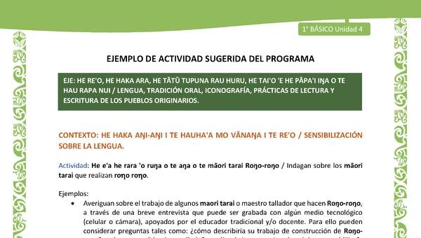 Actividad sugerida LC01 - Rapa Nui - U4 - N°67: Indagan sobre los māori tarai que realizan roo roo. Actividad sugerida LC01 - Rapa Nui - U4 - N°67: Indagan sobre los māori tarai que realizan roo roo.