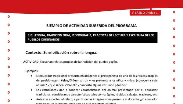 Actividad sugerida Nº 1- LC01 - YAG-U1-LS - Escuchan relatos propios de la tradición del pueblo yagán Actividad sugerida Nº 1- LC01 - YAG-U1-LS - Escuchan relatos propios de la tradición del pueblo yagán