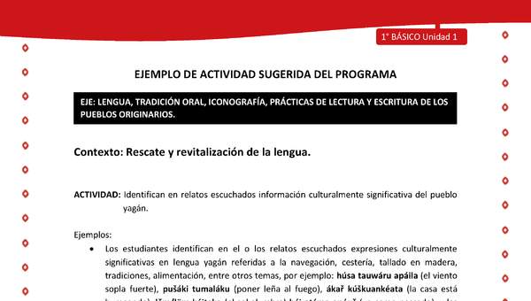 Actividad sugerida Nº 4- LC01 - YAG-U1-LR - Identifican en relatos escuchados información culturalmente significativa del pueblo yagán Actividad sugerida Nº 4- LC01 - YAG-U1-LR - Identifican en relatos escuchados información culturalmente significativa del pueblo yagán