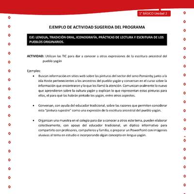 Actividad sugerida Nº 4- LC01 - YAG-U2-LR - Utilizan las TIC para dar a conocer a otras expresiones de la escritura ancestral del pueblo yagán Actividad sugerida Nº 4- LC01 - YAG-U2-LR - Utilizan las TIC para dar a conocer a otras expresiones de la escritura ancestral del pueblo yagán