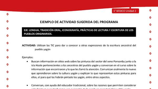 Actividad sugerida Nº 4- LC01 - YAG-U2-LR - Utilizan las TIC para dar a conocer a otras expresiones de la escritura ancestral del pueblo yagán Actividad sugerida Nº 4- LC01 - YAG-U2-LR - Utilizan las TIC para dar a conocer a otras expresiones de la escritura ancestral del pueblo yagán
