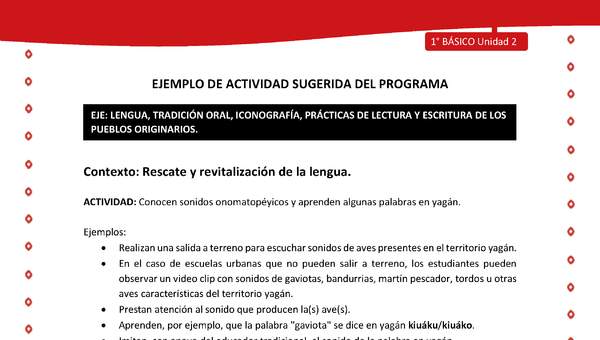 Actividad sugerida Nº 3- LC01 - YAG-U2-LR - Conocen sonidos onomatopéyicos y aprenden algunas palabras en yagán Actividad sugerida Nº 3- LC01 - YAG-U2-LR - Conocen sonidos onomatopéyicos y aprenden algunas palabras en yagán