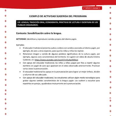 Actividad sugerida Nº 1- LC01 - YAG-U2-LS - Identifican y reproducen sonidos propios del idioma yagán Actividad sugerida Nº 1- LC01 - YAG-U2-LS - Identifican y reproducen sonidos propios del idioma yagán