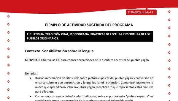 Actividad sugerida Nº 2- LC01 - YAG-U2-LS - Utilizan las TIC para conocer expresiones de la escritura ancestral del pueblo yagán Actividad sugerida Nº 2- LC01 - YAG-U2-LS - Utilizan las TIC para conocer expresiones de la escritura ancestral del pueblo yagán