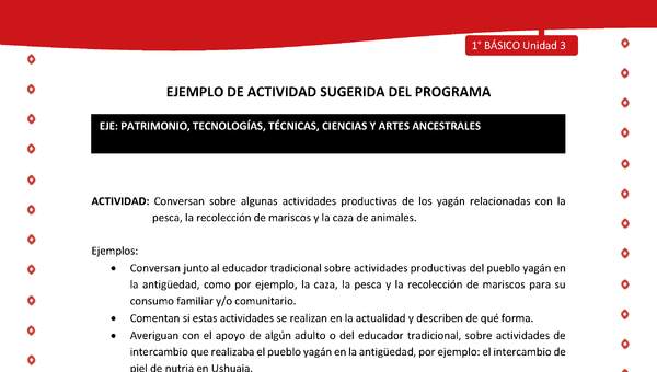 Actividad sugerida Nº 5- LC01 - YAG-U3-EP - Conversan sobre algunas actividades productivas de los yagán relacionadas con la pesca, la recolección de mariscos y la caza de animales Actividad sugerida Nº 5- LC01 - YAG-U3-EP - Conversan sobre algunas actividades productivas de los yagán relacionadas con la pesca, la recolección de mariscos y la caza de animales