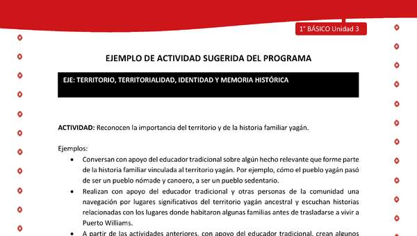 Actividad sugerida Nº 3- LC01 - YAG-U3-ET - Reconocen la importancia del territorio y de la historia familiar yagán Actividad sugerida Nº 3- LC01 - YAG-U3-ET - Reconocen la importancia del territorio y de la historia familiar yagán